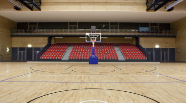 Indoor court with black lines. - Indoor court arena, basketball court, floor, flooring, hardwood, leisure centre, sport venue, sports, stadium, structure, wood, orange, gray