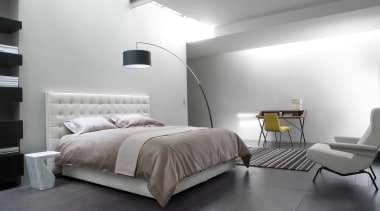 High-end luxury furniture from Lusty Lloyd's and Domo architecture, bed, bed frame, bedroom, ceiling, floor, furniture, home, interior design, mattress, product design, room, wall, gray, white