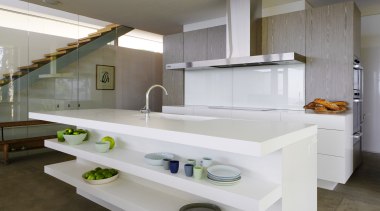white island with cantilevered shelves at front countertop, cuisine classique, interior design, kitchen, sink, gray