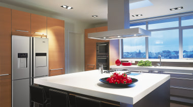 Kitchen with contemporary island with light toned benchtop. cabinetry, ceiling, countertop, interior design, kitchen, real estate, room, gray, black