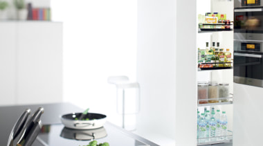 Kitchen with knife block, plant and pull out furniture, home appliance, interior design, kitchen appliance, product, product design, refrigerator, shelf, shelving, small appliance, table, white