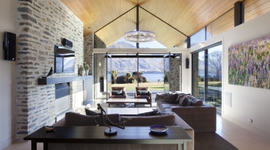 pointed timber roof, dark coloured fabrics in living ceiling, interior design, living room, real estate, gray