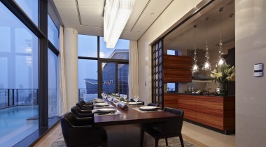 African wood with a distinctive grain was specified apartment, ceiling, dining room, interior design, penthouse apartment, real estate, gray