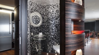 This powder room is contained within a cylinder-shaped ceiling, flooring, interior design, black, gray