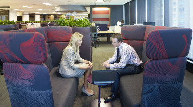 Seating area for meetings. - Seating area for chair, furniture, office, passenger, white, blue