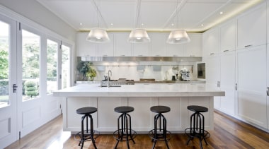 Positioning the island in this new kitchen at ceiling, countertop, daylighting, dining room, floor, flooring, interior design, kitchen, real estate, room, window, wood flooring, gray