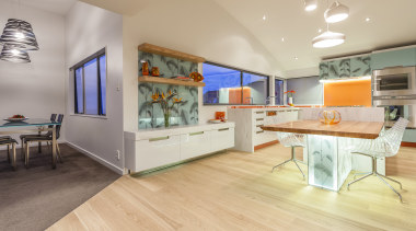 This kitchen was designed and built by Mal ceiling, floor, flooring, interior design, real estate, gray, orange