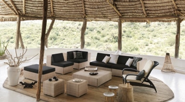 Here is a view of furniture from Dedon, chair, furniture, interior design, living room, outdoor furniture, property, sunlounger, table, wicker, brown, white