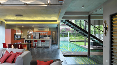 The use of off-form concrete for the walls architecture, ceiling, estate, home, house, interior design, property, real estate, window, gray