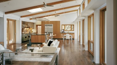 contemporary timber kitchen with granite benchtops and wooden ceiling, daylighting, floor, flooring, hardwood, house, interior design, living room, loft, real estate, wood, wood flooring, gray, brown