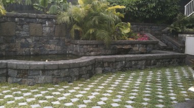 Waterworks Irrigation offers a variety of pool options backyard, courtyard, garden, grass, landscape, landscaping, outdoor structure, plant, stone wall, walkway, wall, yard, black