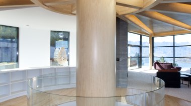 Glasshape also manufactured the cured toughened glass balustrading architecture, ceiling, column, daylighting, interior design, structure, wood, brown, gray