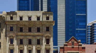 BHP Billiton in Hassell-designed Brookfield Place - BHP apartment, architecture, building, city, cityscape, commercial building, condominium, corporate headquarters, daytime, downtown, facade, landmark, metropolis, metropolitan area, mixed use, neighbourhood, plaza, residential area, sky, skyline, skyscraper, tower block, town, town square, urban area, window, blue