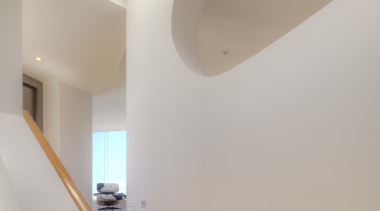 The distinctive shape of a cutout in the architecture, ceiling, daylighting, handrail, home, house, interior design, light, product design, property, stairs, wall, gray
