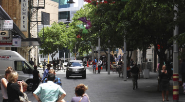 People-friendly streetscapes are revitalising our cities, as the car, city, downtown, infrastructure, land vehicle, lane, metropolitan area, neighbourhood, pedestrian, plant, public space, recreation, road, street, town, town square, tree, urban area, vehicle, black, white