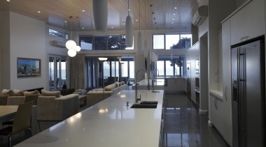 New beach house with F &amp;  P ceiling, daylighting, interior design, lobby, gray, black