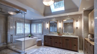 The tranquil ambiance of this master bedroom and bathroom, cabinetry, ceiling, countertop, cuisine classique, estate, home, interior design, kitchen, real estate, room, gray