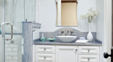 This bathroom by Cheryl Kees Clendenon manipulates color, bathroom, bathroom accessory, bathroom cabinet, cabinetry, floor, home, interior design, plumbing fixture, room, sink, gray