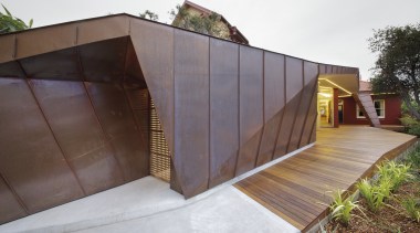 The design of the cladding references the traditional architecture, building, facade, house, property, real estate, roof, shed, siding, wood, white