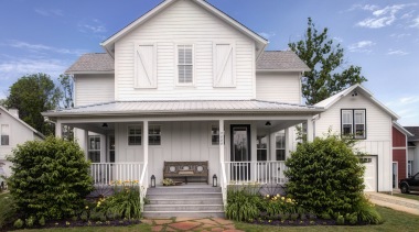Front facade of a white, three-storey, Amish-style home, building, cottage, elevation, estate, facade, farmhouse, historic house, home, house, neighbourhood, property, real estate, residential area, roof, siding, suburb, window, teal