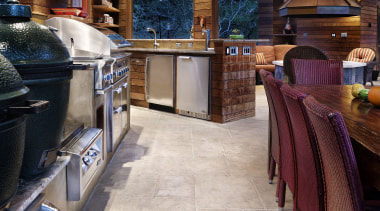 Rustic, weathered ipe siding lines the interior of floor, flooring, hardwood, interior design, restaurant, wood, wood flooring, gray