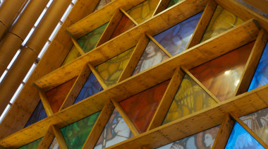 HySpan LVL timber from CHH Woodproducts features in angle, architecture, beam, daylighting, line, roof, structure, symmetry, wood, yellow, brown