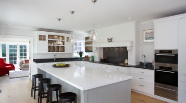 Open to French doors and views to the countertop, cuisine classique, interior design, kitchen, property, real estate, room, gray