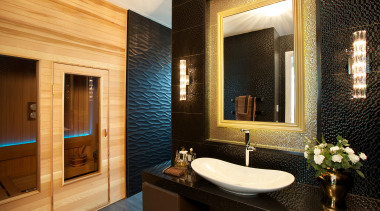 Textural tiles in gold framing the recessed mirror bathroom, estate, home, interior design, room, orange, brown