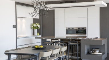 Contemporary kitchen with marble benchtop - Contemporary kitchen interior design, kitchen, table, white