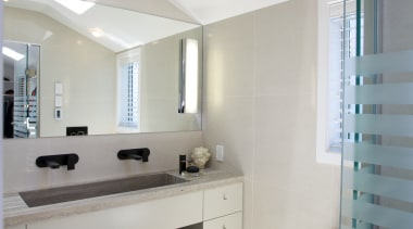 For this remodel, the designer specified a glass architecture, ceiling, daylighting, floor, home, interior design, room, gray