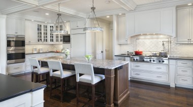 The coffered ceiling with rustic beadboard panels and cabinetry, countertop, cuisine classique, floor, flooring, interior design, kitchen, room, wood flooring, gray