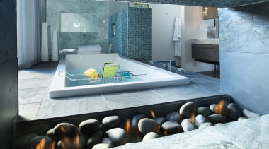 A double-sided fireplace in a stone blade wall architecture, interior design, teal, white