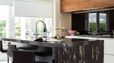 Benchtop with dark and bold stone top with countertop, cuisine classique, furniture, interior design, kitchen, table, white