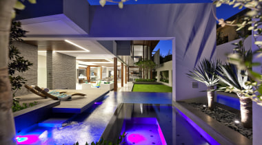 Large porticos frame the garden and pool areas architecture, estate, home, house, interior design, lighting, majorelle blue, property, real estate, swimming pool, villa