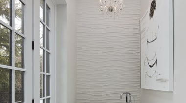 A sculptural freestanding tub sits beside the French bathroom, bathroom accessory, floor, home, interior design, plumbing fixture, product design, room, sink, tap, gray