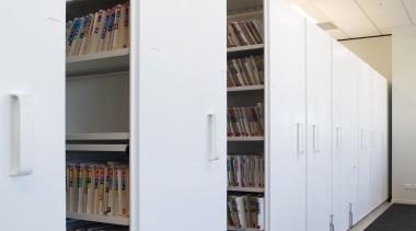 Dexlon Compactus Freetrack 2 mobile shelving system allows architecture, bookcase, furniture, institution, interior design, shelf, shelving, white