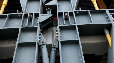 Advanced seismic damping ensures the Forté Health building angle, architecture, building, line, metal, steel, structure, symmetry, gray, black