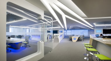 Symmetry defines the design of the new control architecture, ceiling, daylighting, interior design, office, product design, gray