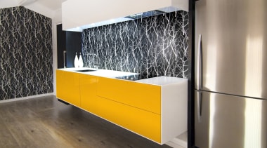 Resene Fuel Yellow lacquer features on the doors floor, flooring, furniture, interior design, product design, wall, white