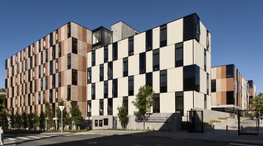Carlaw Park Student Village in Auckland accommodates students apartment, architecture, building, commercial building, condominium, corporate headquarters, daytime, elevation, facade, home, house, metropolis, metropolitan area, mixed use, neighbourhood, property, real estate, residential area, sky, tower block, urban design, black, blue