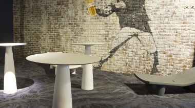 Unique Creatives scenic designers created this facade for floor, flooring, furniture, interior design, product design, table, tile, wall, black