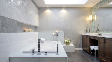 The walls of this bathroom have the look architecture, bathroom, ceiling, daylighting, floor, home, interior design, room, sink, tile, wall, gray