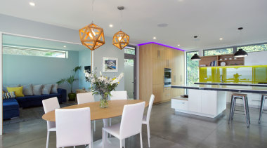 The interiors of this eco-friendly home are calm ceiling, dining room, house, interior design, real estate, room, table, gray