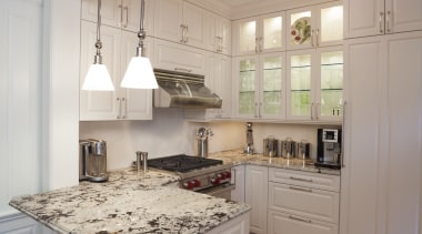 Stainless steel handles, appliances and fixtures are appropriate cabinetry, ceiling, countertop, cuisine classique, floor, flooring, interior design, kitchen, room, wood flooring, gray