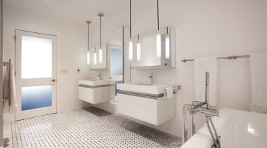 This new bathroom in a loft-style apartment in bathroom, bathroom accessory, floor, home, interior design, plumbing fixture, product design, room, sink, tap, gray