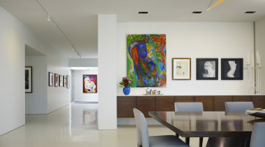 The large painting above the buffet in this art, art exhibition, art gallery, ceiling, exhibition, interior design, table, tourist attraction, gray