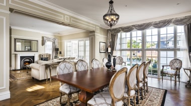 Soft neutral tones and gold-painted furniture enliven this ceiling, dining room, estate, home, interior design, living room, property, real estate, room, gray