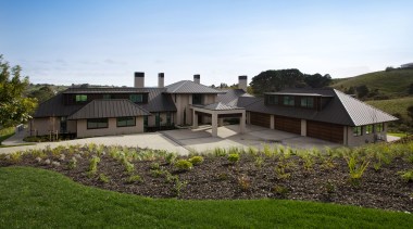 Large modern country home with gabled roof - architecture, cottage, estate, facade, farm, farmhouse, home, house, land lot, landscape, property, real estate, residential area, roof, sky, villa, brown