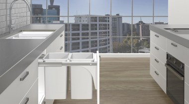 Hideaway Bins save space and avoid bench clutter.Hideaway countertop, floor, flooring, interior design, kitchen, laminate flooring, tile, wood flooring, gray, white