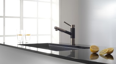 Geo Series faucets have a dual-function sprayhead and furniture, plumbing fixture, product design, sink, tap, white